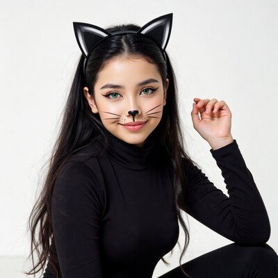 Asian woman in cat ears costume