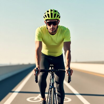 Man cycling on bridge in yellow helmet