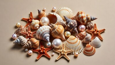 Assortment of seashells starfish pearls