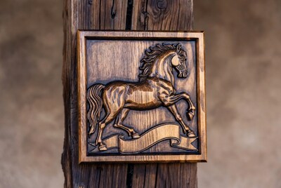 Carved wooden horse plaque