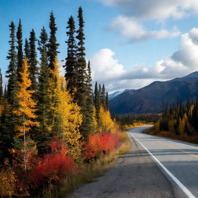Curvy road through fall forest mountains