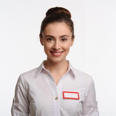 Smiling woman with name tag