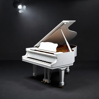 White grand piano spotlighted