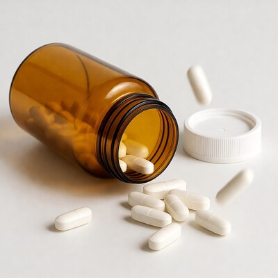Spilled white pills from amber bottle