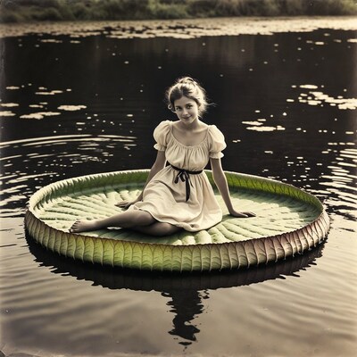 Girl sitting on giant lily pad