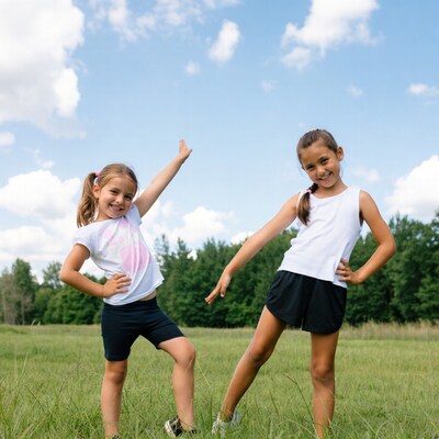 Two girls posing happily in grassy field