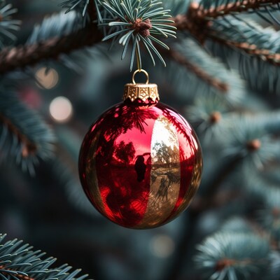 Red Christmas ornament on tree