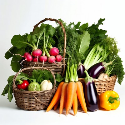 Fresh vegetables in wicker baskets