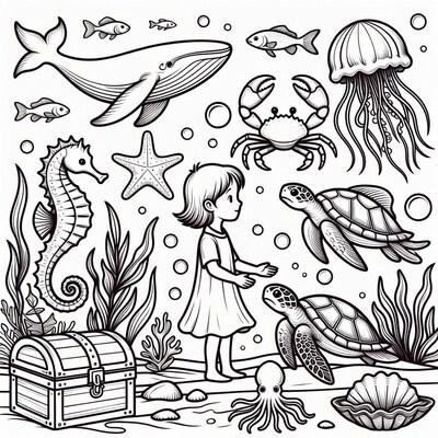 Girl with sea creatures coloring page