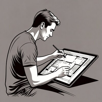 Man drawing floor plan on tablet