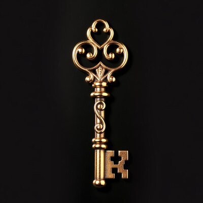 Ornate gold key on black background