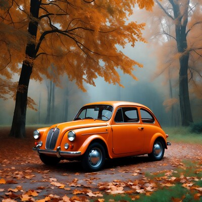 Orange vintage car in foggy autumn forest