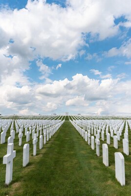 Rows of white crosses in cemetery