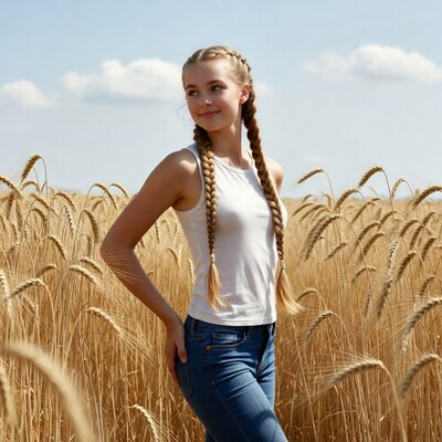 Girl with braids in wheat field