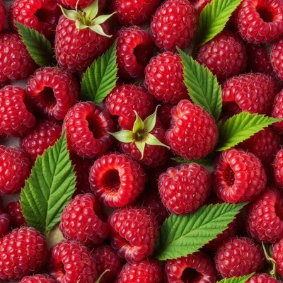 Fresh Raspberries with Green Leaves