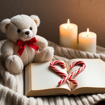 Teddy bear with candy canes and candles