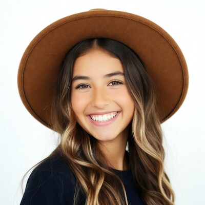 Smiling girl in brown wide-brim hat