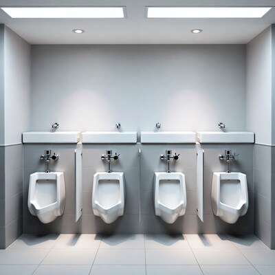 Row of white urinals in modern restroom