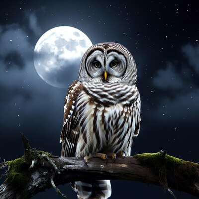 Barred Owl Perched on Mossy Branch Under Moon