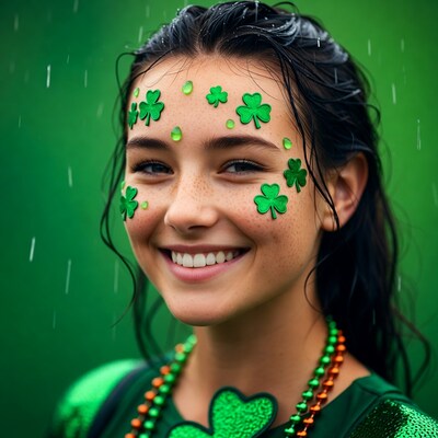 Wet woman with shamrocks in rain