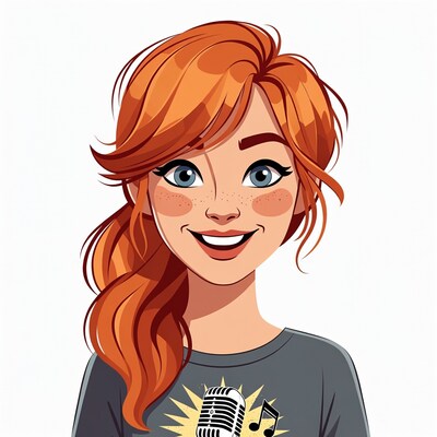 Smiling redhead woman with microphone