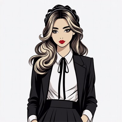 Blonde woman in black blazer and skirt