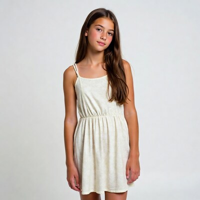 Teen girl in white spaghetti strap dress