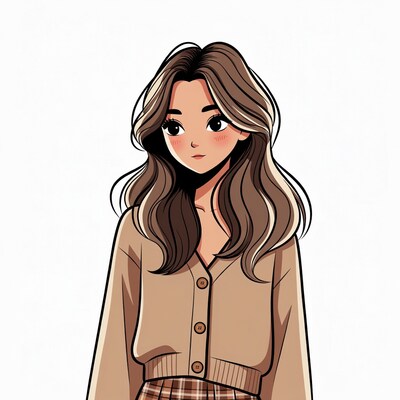 Anime girl in beige cardigan and plaid skirt
