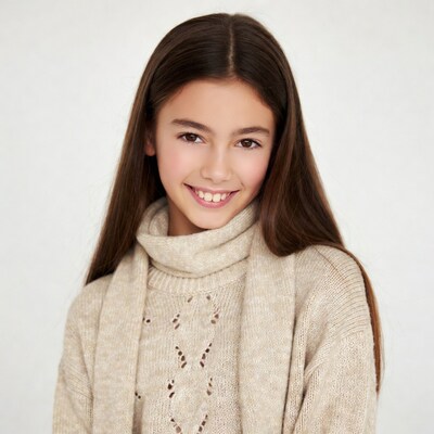 Smiling girl in beige turtleneck sweater
