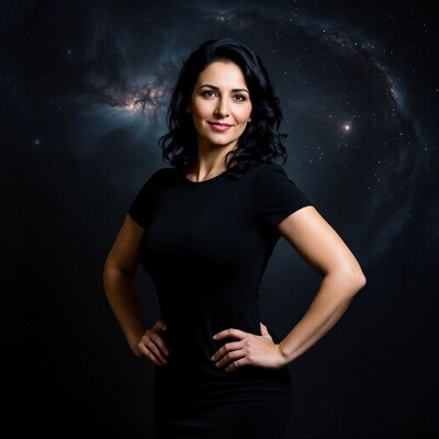 Woman with hands on hips against galaxy