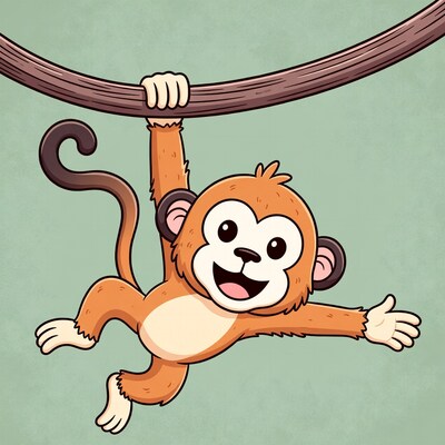 Cartoon monkey hanging from vine