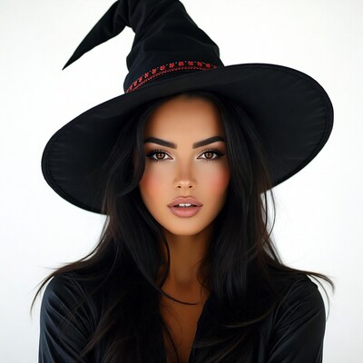 Beautiful woman in black witch hat