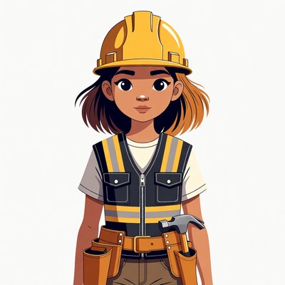 Cartoon girl construction worker with hammer