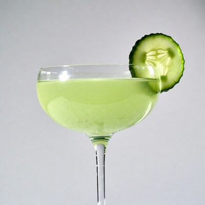 Green cocktail with cucumber garnish
