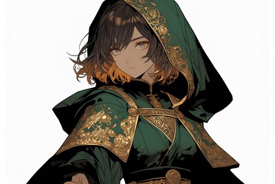 Anime girl in green hooded cloak