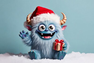 Cute Yeti waving with Christmas gift