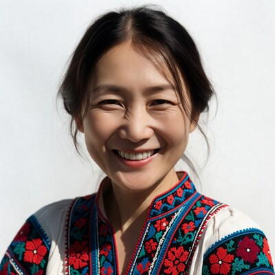 Asian woman smiling in embroidered blouse