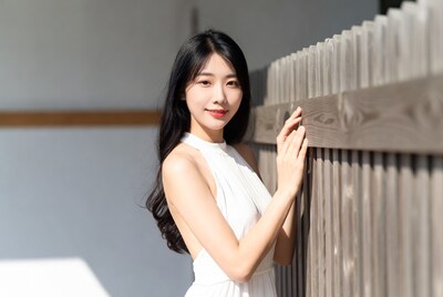 Asian woman in white dress by wooden fence