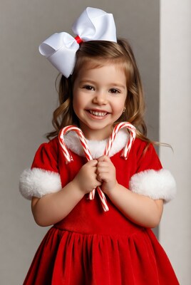 Girl holding candy canes in red Santa dress