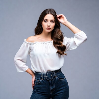 Woman in white off-shoulder top and jeans