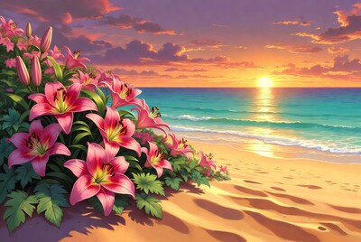 Pink Lilies on Beach at Sunset