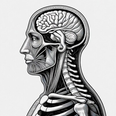 Anatomical man head with brain illustration