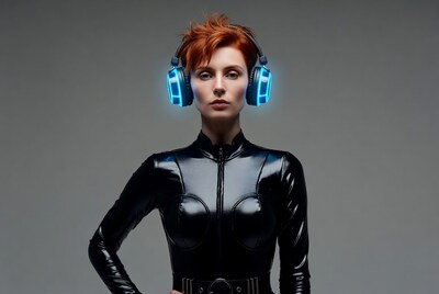 Redhead woman in latex with glowing headphones