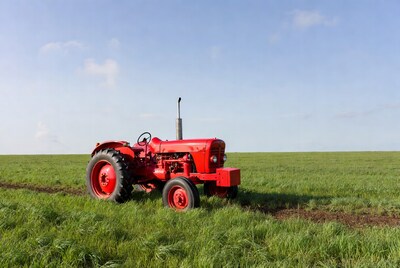 Red tractor in green field