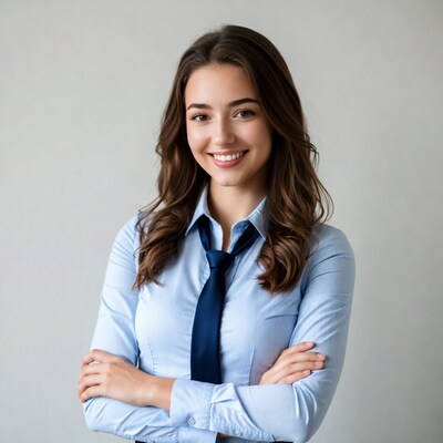 Smiling woman in blue shirt and tie