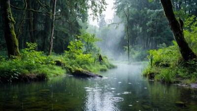 Misty Forest Stream in Rain