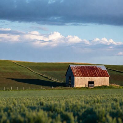 Rustic red barn on green fields