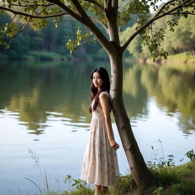 Asian woman leaning on tree by lake