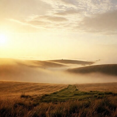 Misty rolling hills at sunrise