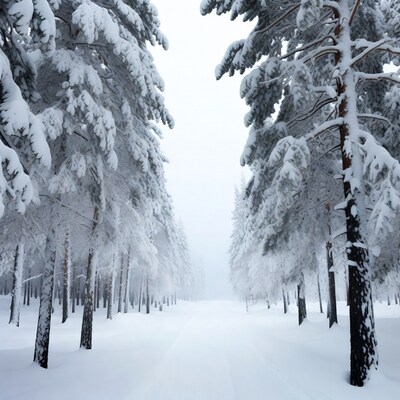Snowy Pine Trees Lining Forest Path